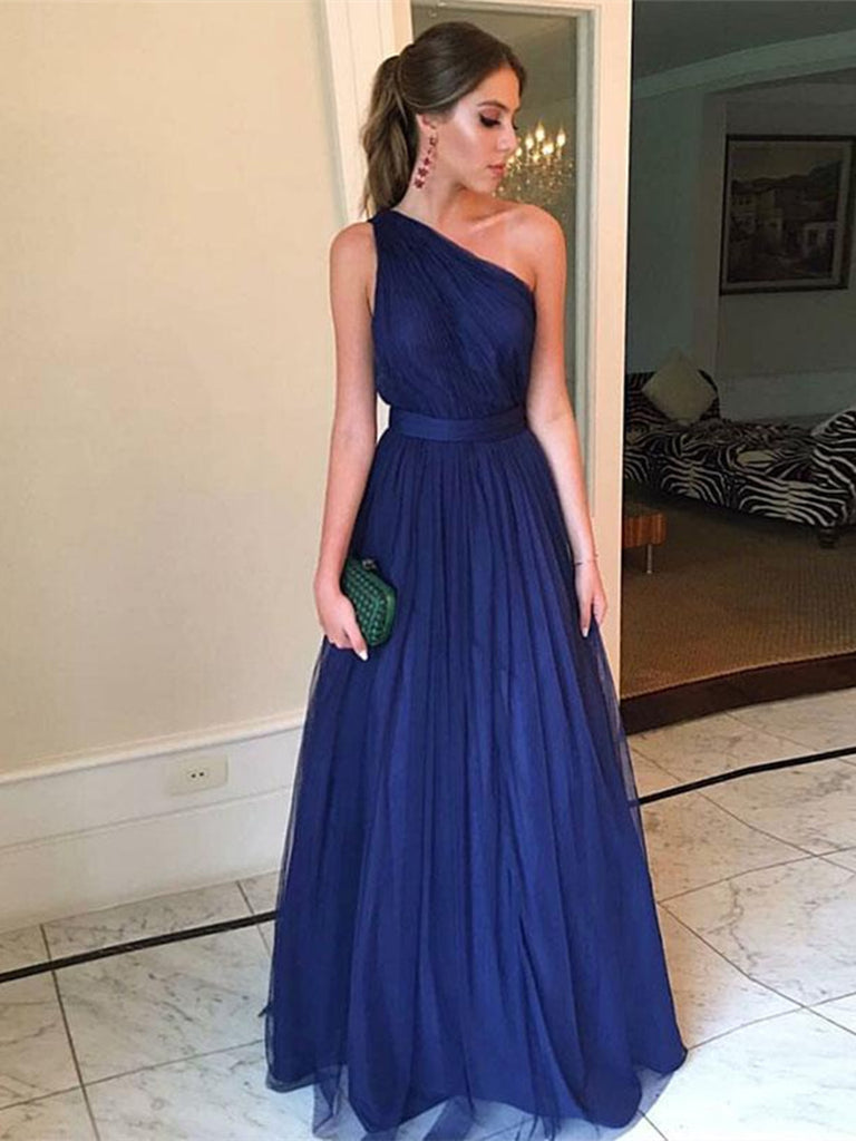 A Line One Shoulder Blue Prom Dresses ...